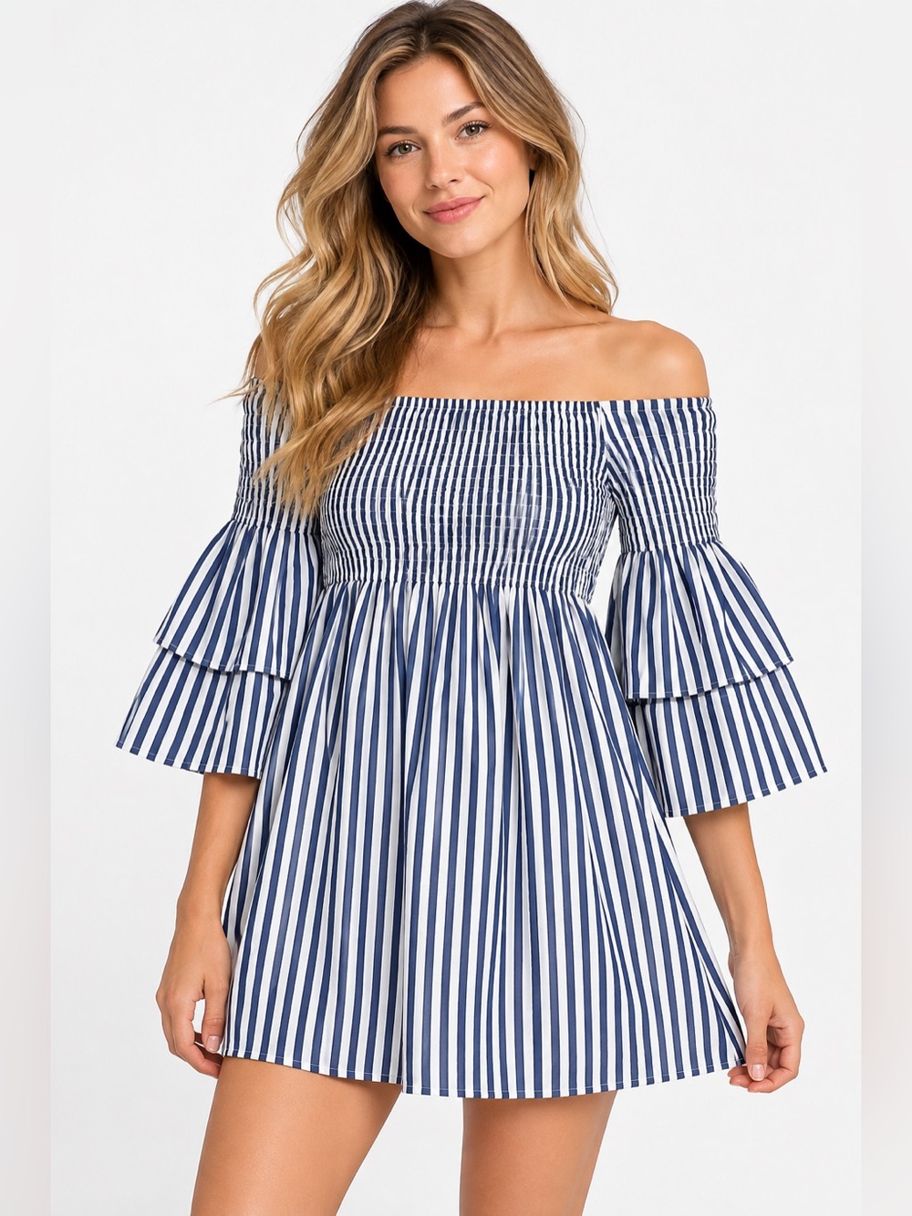 Style House Blue and white striped mini dress with puffy sleeve Size M